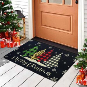 ouxioaz buffalo plaid christmas tree black merry christmas doormat 17"x30",seasonal xmas door mat non-slip washable low-profile winter holiday doormat for indoor outdoor