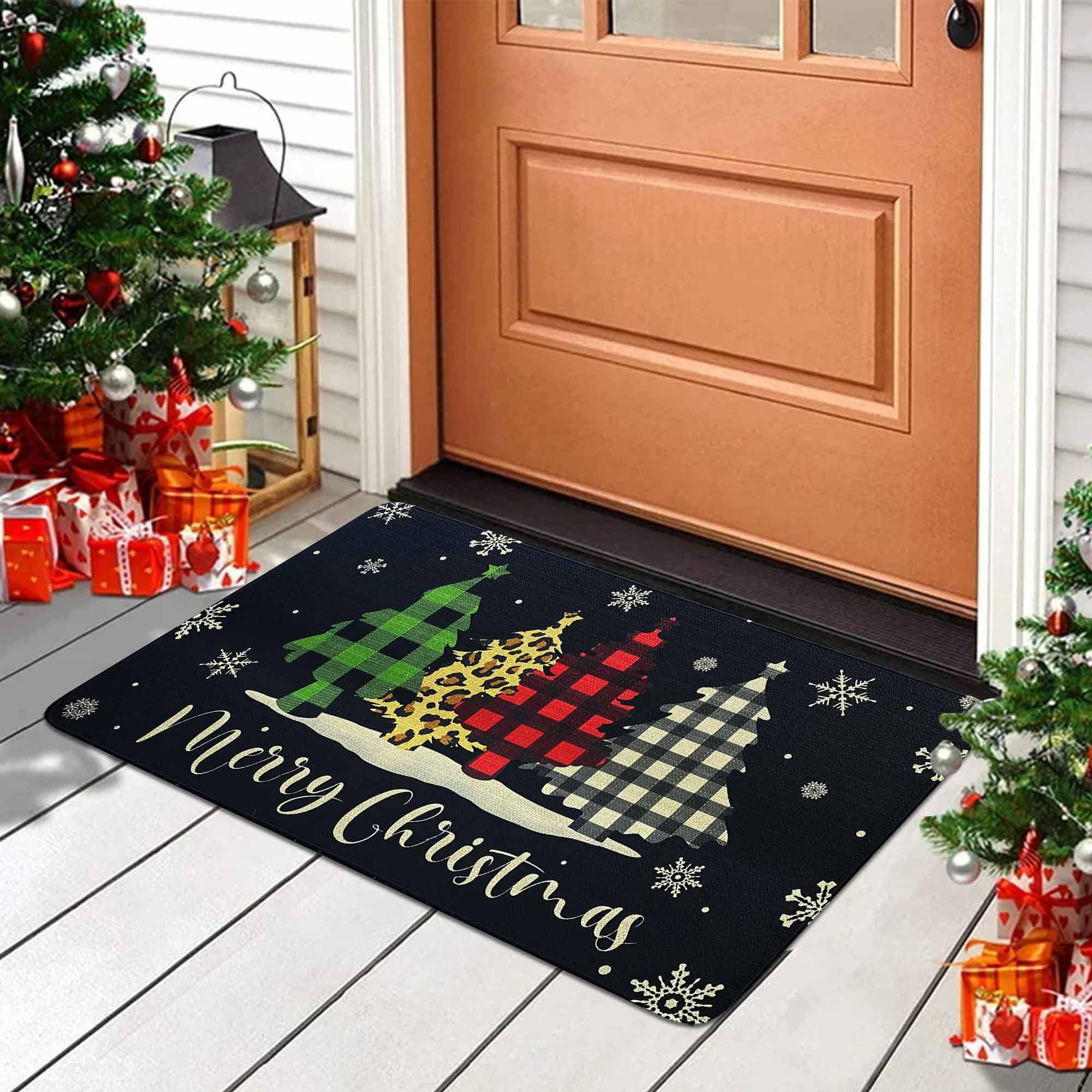 OUXIOAZ Buffalo Plaid Christmas Tree Black Merry Christmas Doormat 17"x30",Seasonal Xmas Door Mat Non-Slip Washable Low-Profile Winter Holiday Doormat for Indoor Outdoor