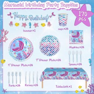 SJJPDYY 170Pcs Mermaid Birthday Party Decorations Set Mermaid Party Supplies Includes Plates, Napkin, Fork, Cup, Tablecloth, Banner for Baby Shower Ocean Birthday Party Decorations, Serves 24