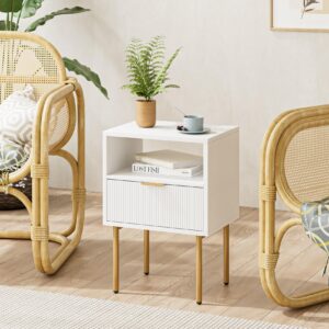 Aienvey Nightstand, Drawer Night Stand for Bedroom, Small Side Table with Drawer, Bedside Furniture, End Table with Gold Frame for Bedroom, Living Room (White Stripe, 1 Drawer)