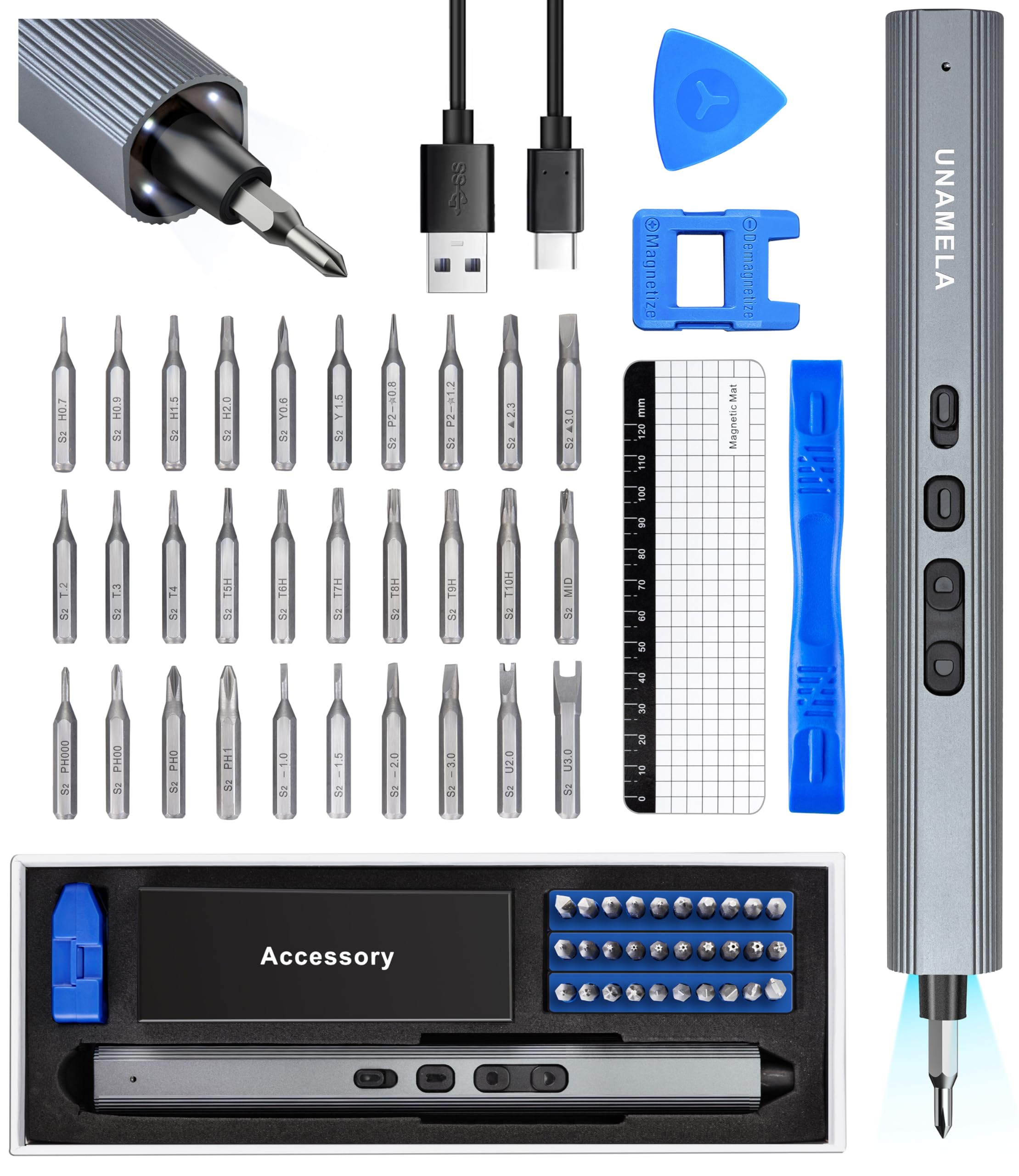 Mini Electric Screwdriver Set Upgraded: UnaMela Small Electric Precision Screwdriver Cordless - 30 S2 Bits, 3 Torque Settings, 4 LED Lights, Power Screwdriver Repair Tool Kit for PC RC Electronics