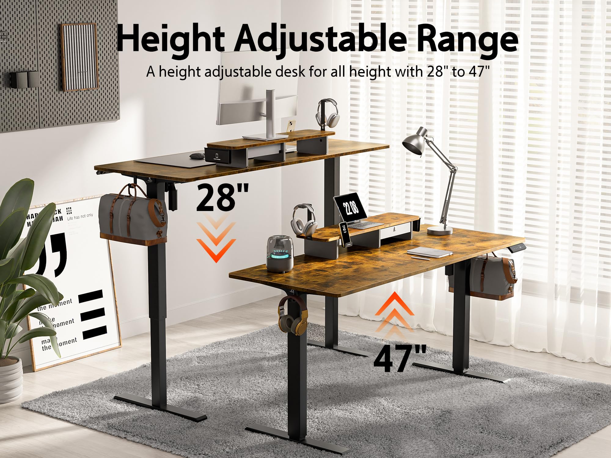 WALKINGDESK 48x24 Inches Electric Standing Desk with Drawer and Monitor Stand, Height Adjustable Stand up Desk for Home Office, Ergonomic Sit to Stand Desk with Phone Holder, 3 Hooks, Rustic Brown