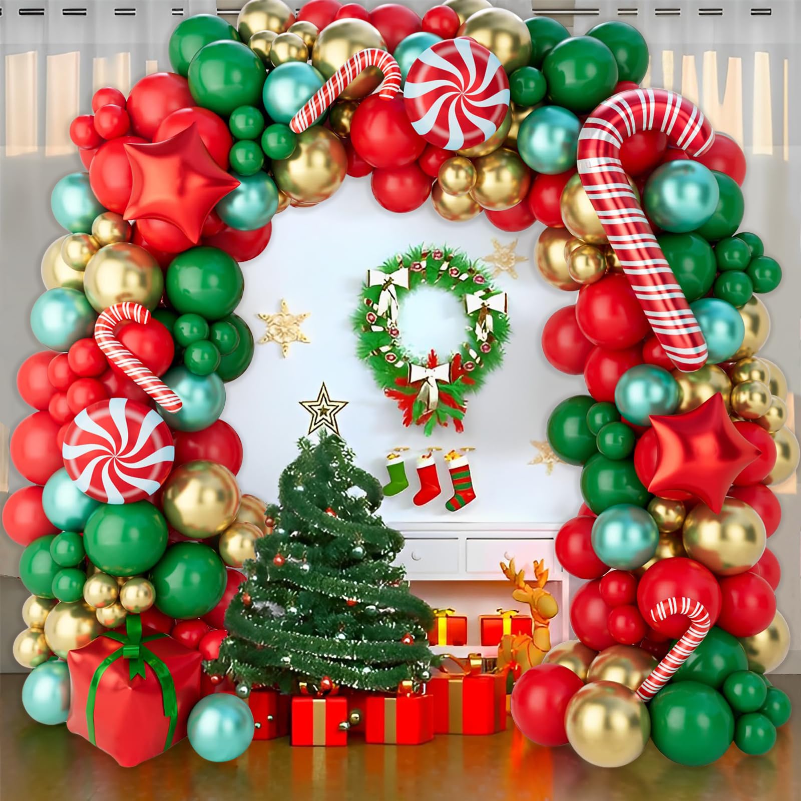 Christmas Balloons Garland Arch Kit, 150Pcs Christmas Garland with Red Green Gold Candy Cane Balloons Red Star Balloons, Christmas Arch for Christmas Party, Xmas Decorations Backdrop for Indoors