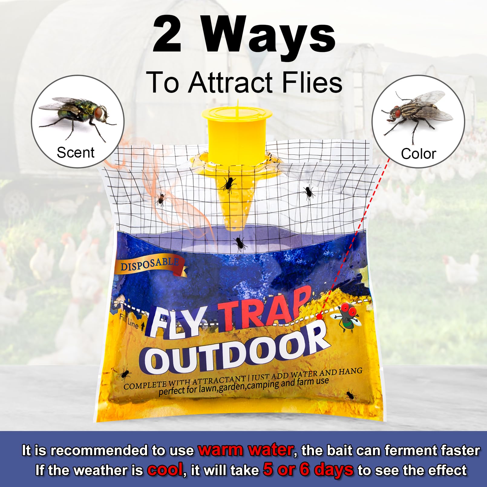 Glovv 2 Pack Disposable Fly Traps Outdoor Hanging, Fly Trap Bags with Natural Attractant Bait, Flying Insect Trap and Bug Catcher Control Flies in Barn Farm or Ranch, Patio