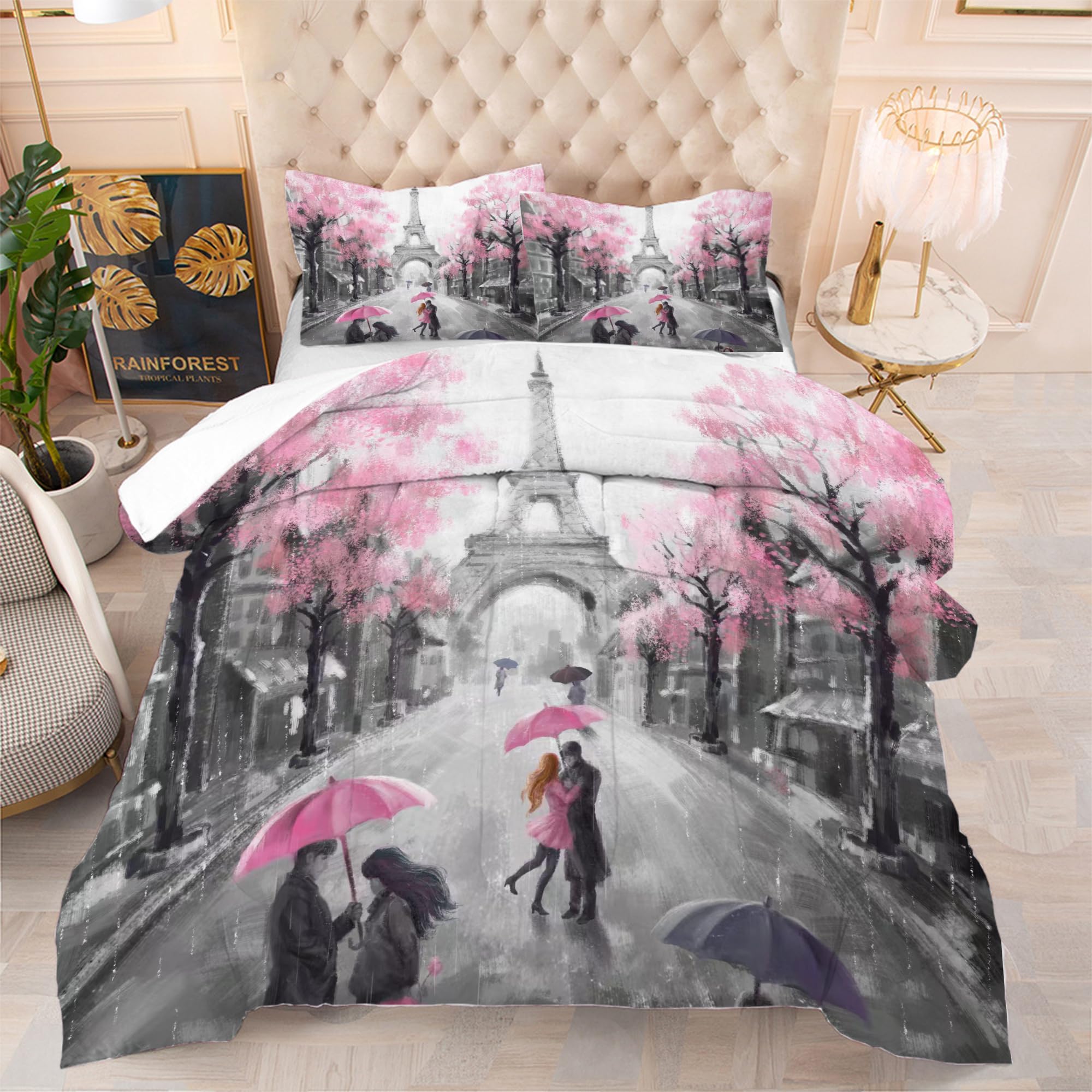 EDGZKO Paris Bedroom Comforter Set: Queen Size Eiffel Tower Bedding Sets Pink and Grey French Style Romantic Bed Set for Teen Girls Women Soft Quilt Sets 1 Comforter & 2 Pillowcases