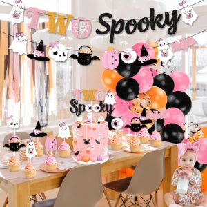 K KUMEED Pink Halloween 2nd Birthday Decorations,Two Spooky Themed Banner,Cute Ghost Eyeballs Hat Cake Topper and Latex Balloons for Girls Halloween 2 Year Old Party Supplies