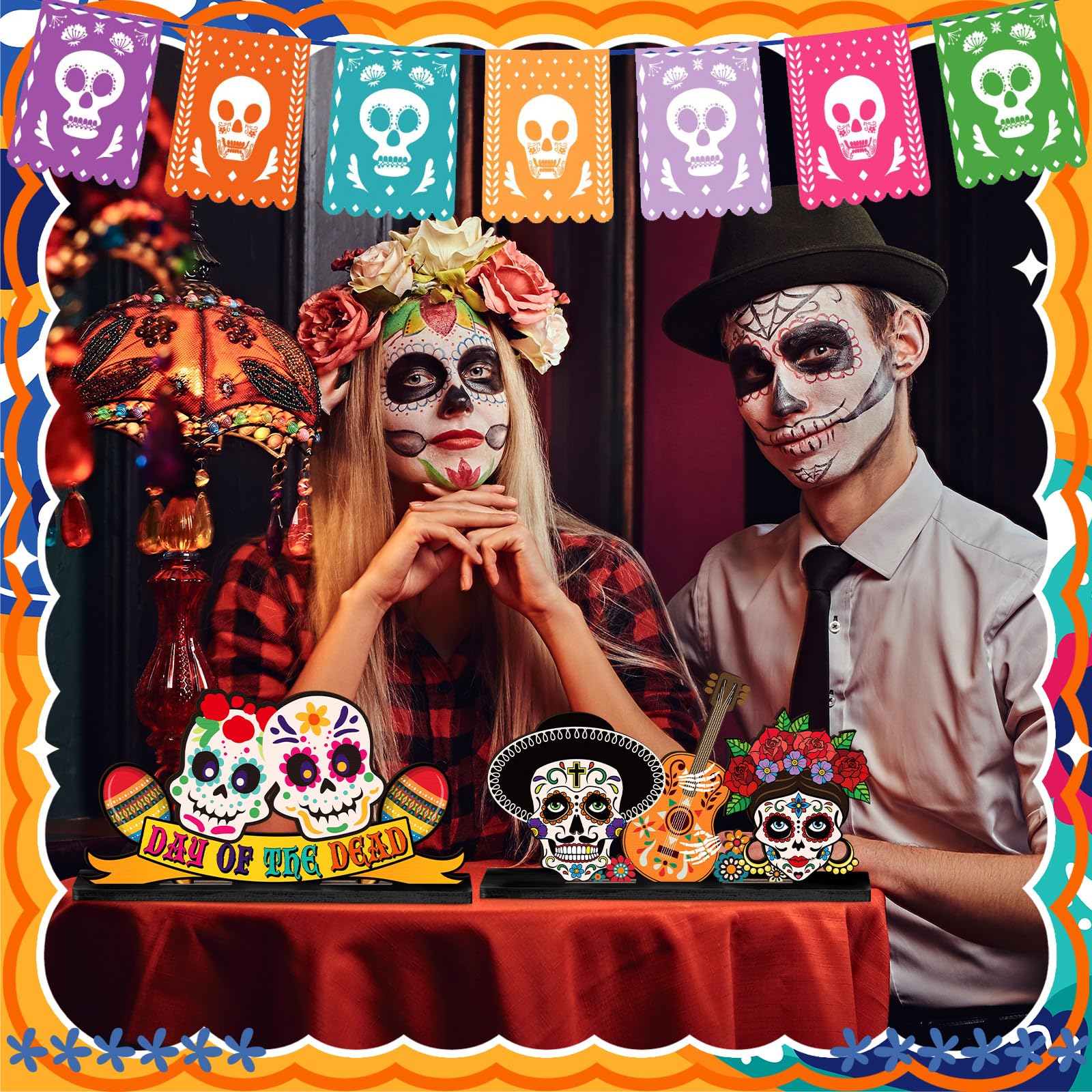 Wonderjune 6 Pcs Day of The Dead Table Decorations Dia De Los Muertos Altar Wooden Centerpiece Sugar Skull Decor Day of The Dead Decor Mexican Tabletop Detachable Sign for Halloween Party Supplies