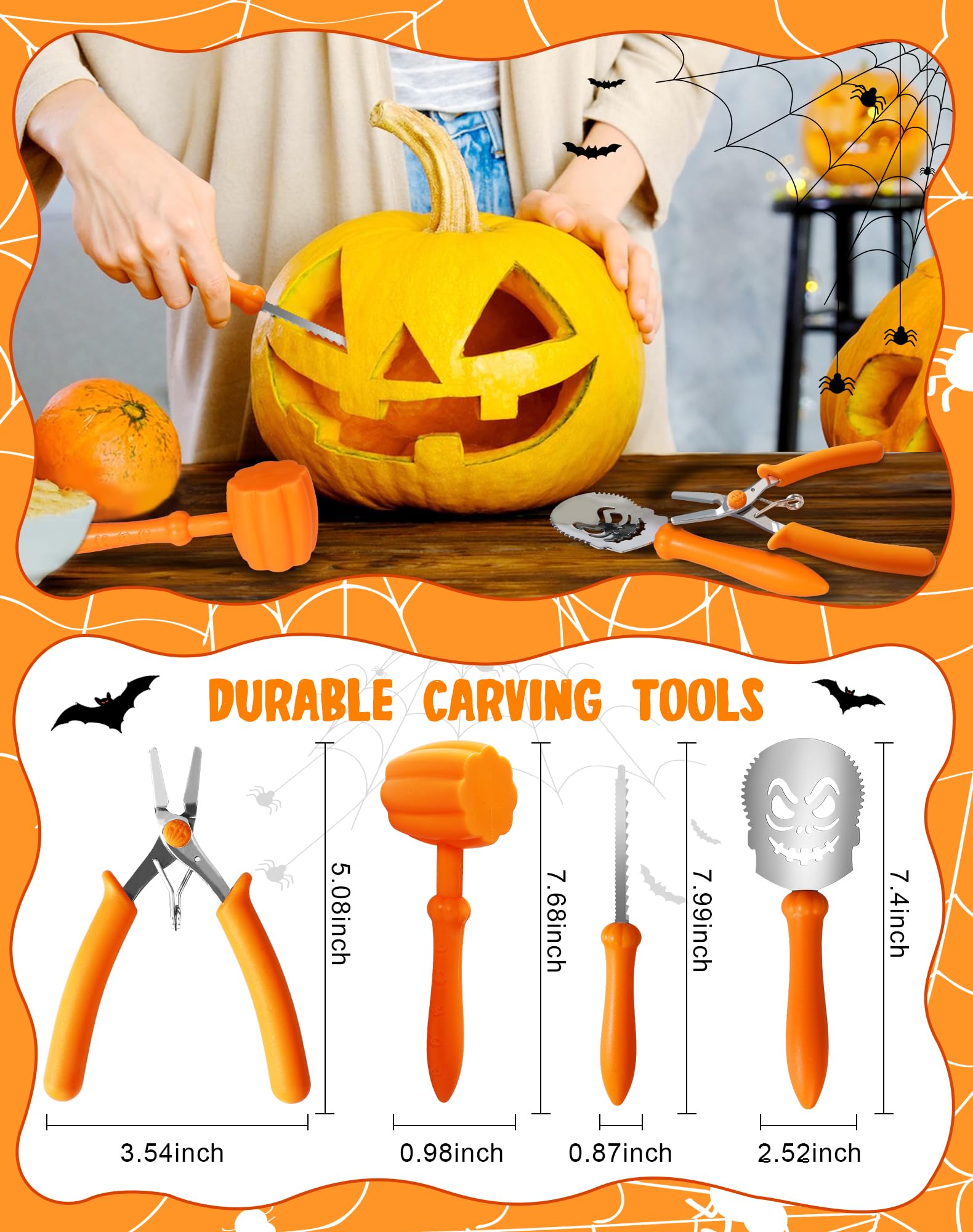 Pumpkin Carving Kit Tools 27 PCS Safe & Easy for Kids, Sturdy Halloween Pumpkin Carving Set with Stainless Steel Carve Stencils & Hammer for DIY Halloween Decoration Jack O Lanterns