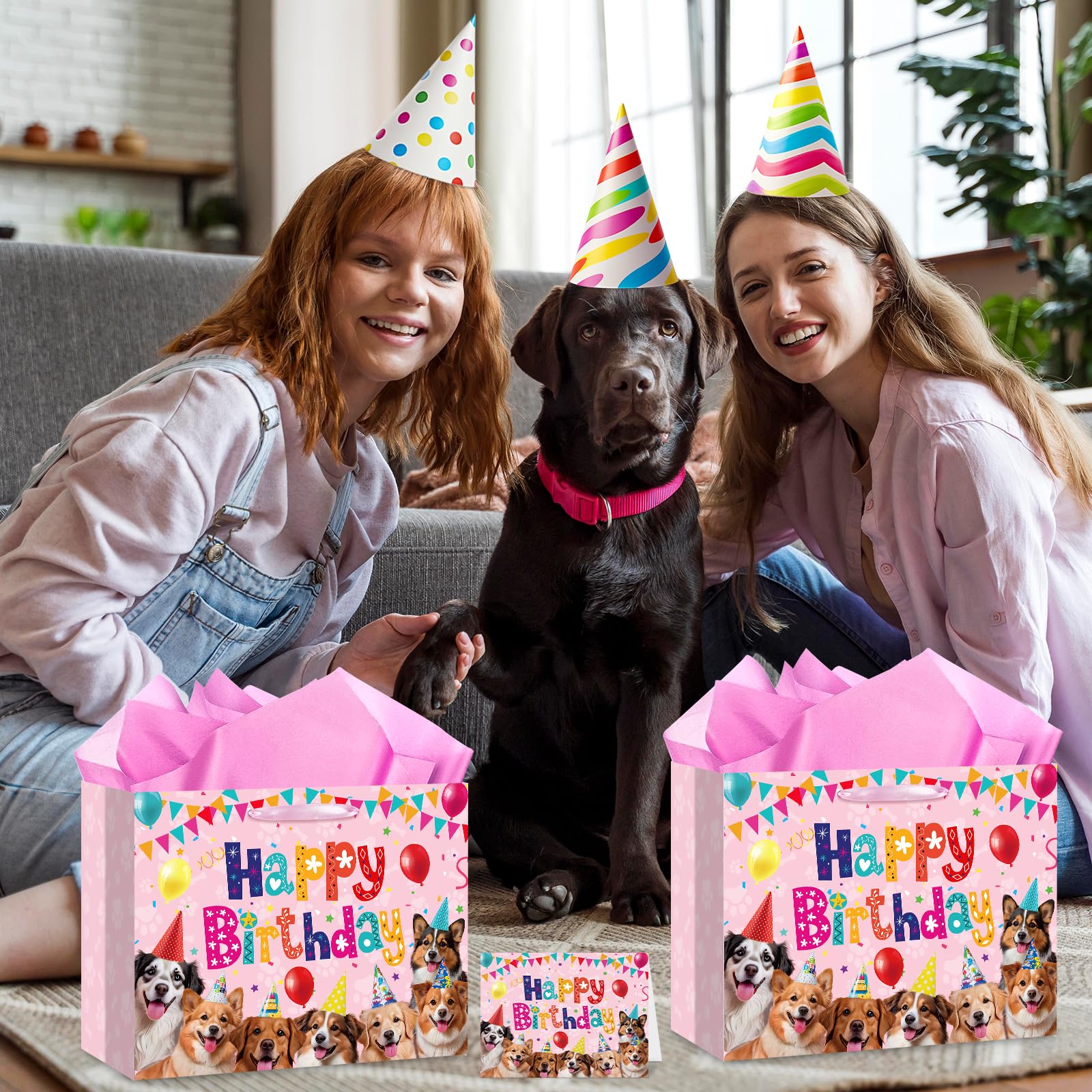 Dog Birthday Gift Bag Pink Puppy Gift Bags with Tissue Paper and Greeting Card Paw Print Wrapping Paper Large Dog Goodies Bags for Pet Dog Birthday Christmas Party and Dog Lovers Birthday Decorations