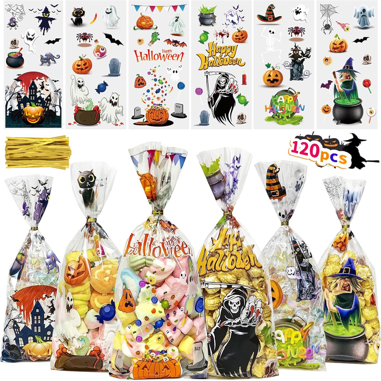 WZWXXQ 120 Pcs Halloween Cellophane Treat Bags,Halloween Candy Bags with 140 Pcs Gold Twist Ties, Trick or Treat Goodie Bags for Halloween Party Supply-10.6 * 5.1 inch