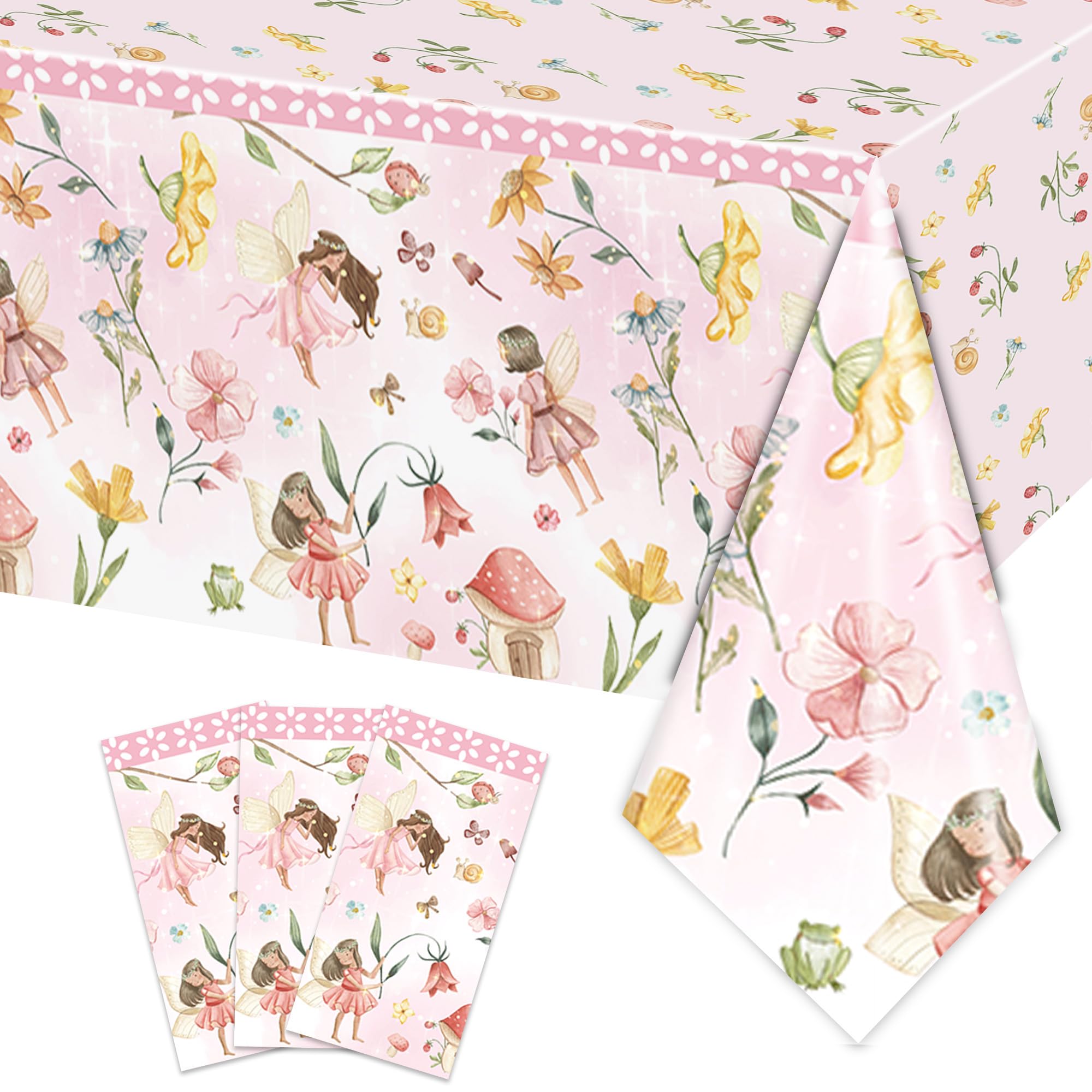 XUELIREN 3PCS Fairy Party Tablecloth for Girls 1st 2rd First Birthday Fairies Enchanted Themed Baby Shower Party Decorations Garden Flower Table Cover-54x108IN