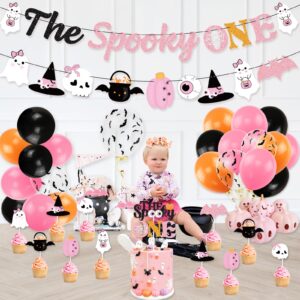 K KUMEED Pink Halloween 1st Birthday Party Decorations,The Spooky One Banner Cute Ghost Eyeballs Pumpkin Cake Topper and Latex Balloons for Halloween First Birthday Girls Birthday Party Supplies