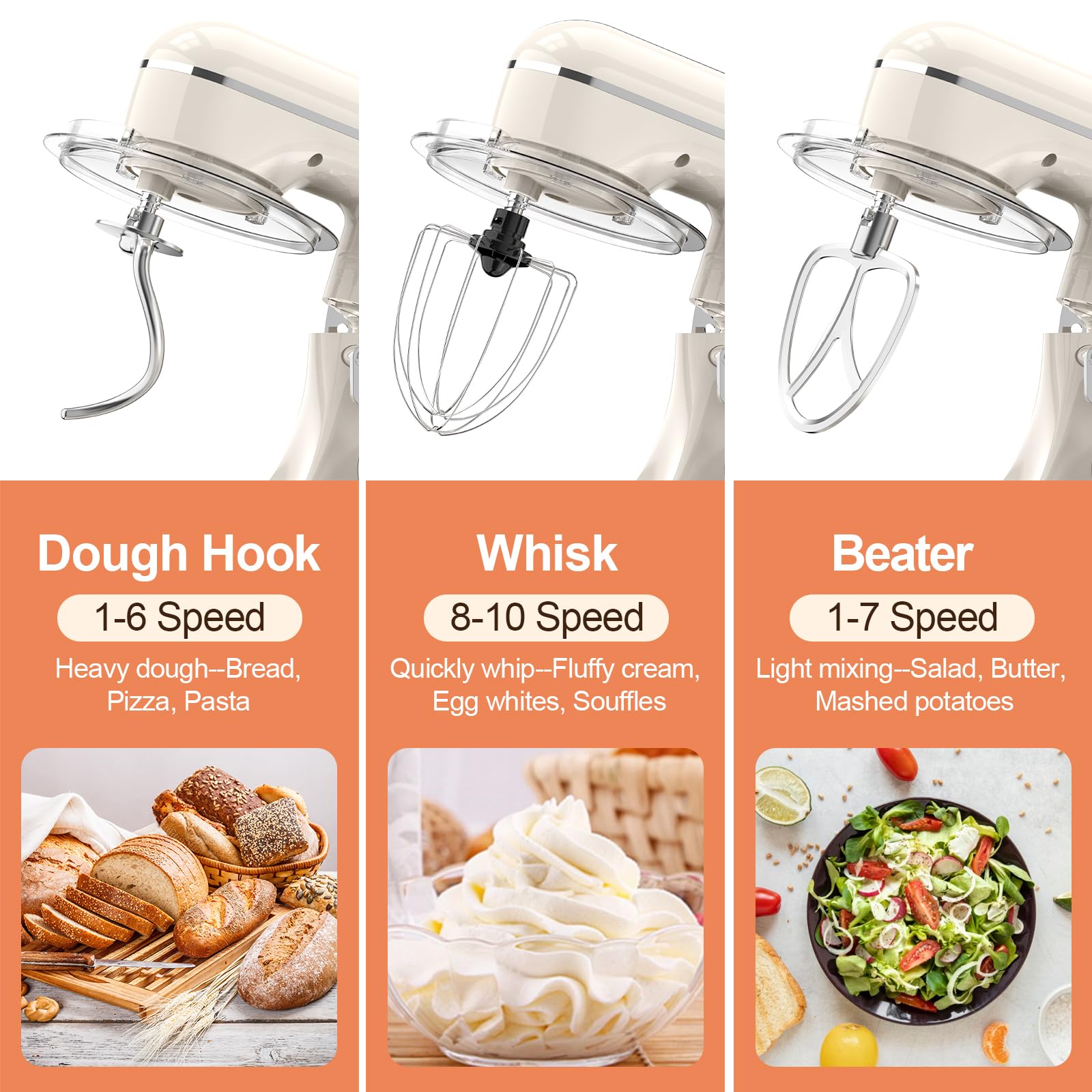 CEBORY 3-IN-1 Electric Stand Mixer, 6QT Bowl 10-Speed Kitchen Mixer, Household Food Mixers include Dough Hook, Beater and Whisk, Bread Cake Mixer for Baking and Most Home Cooks, Almond Cream