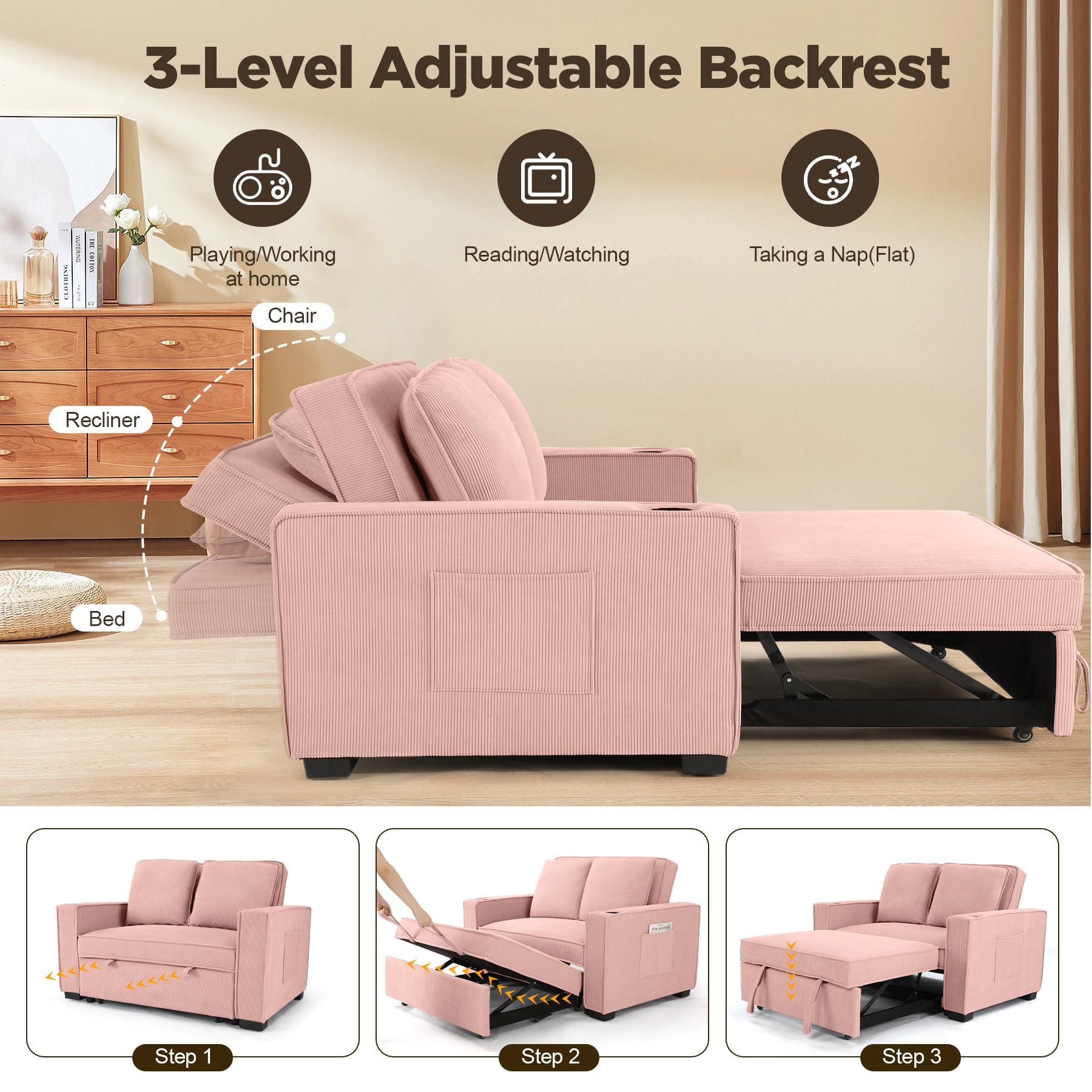 SEJOV 52" Convertible Sofa Bed, 3-in-1 Sleeper Sofa Pull-Out Bed, Multi-Functional Corduroy Futon Couch with Adjustable Backrest and Cup Holders, Loveseat Sofa for Small Space, Living Room, Pink