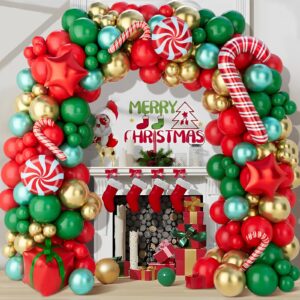 christmas balloons garland arch kit, 150pcs christmas garland with red green gold candy cane balloons red star balloons, christmas arch for christmas party, xmas decorations backdrop for indoors