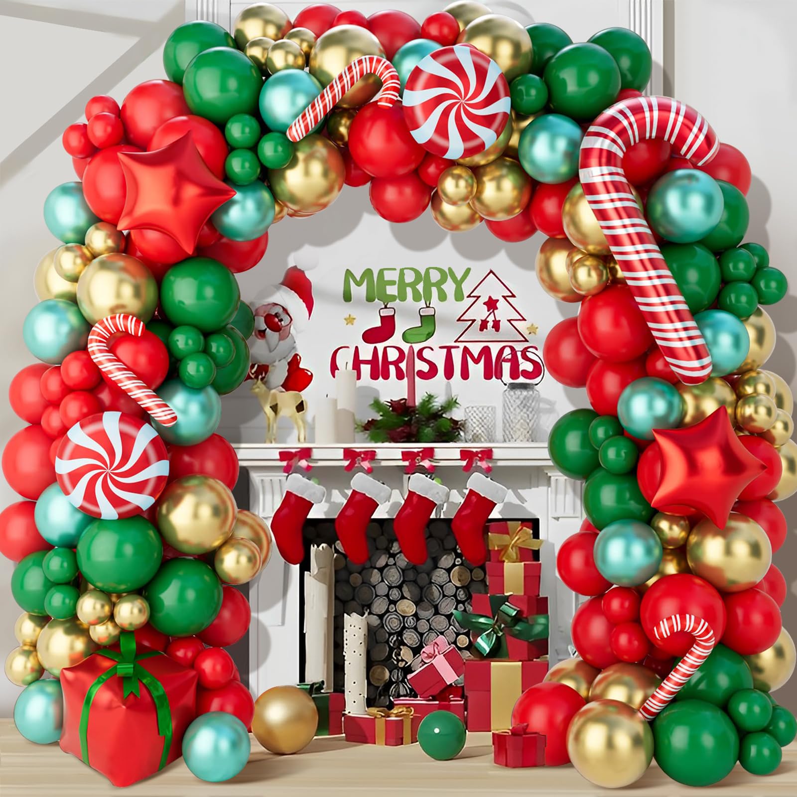 Christmas Balloons Garland Arch Kit, 150Pcs Christmas Garland with Red Green Gold Candy Cane Balloons Red Star Balloons, Christmas Arch for Christmas Party, Xmas Decorations Backdrop for Indoors