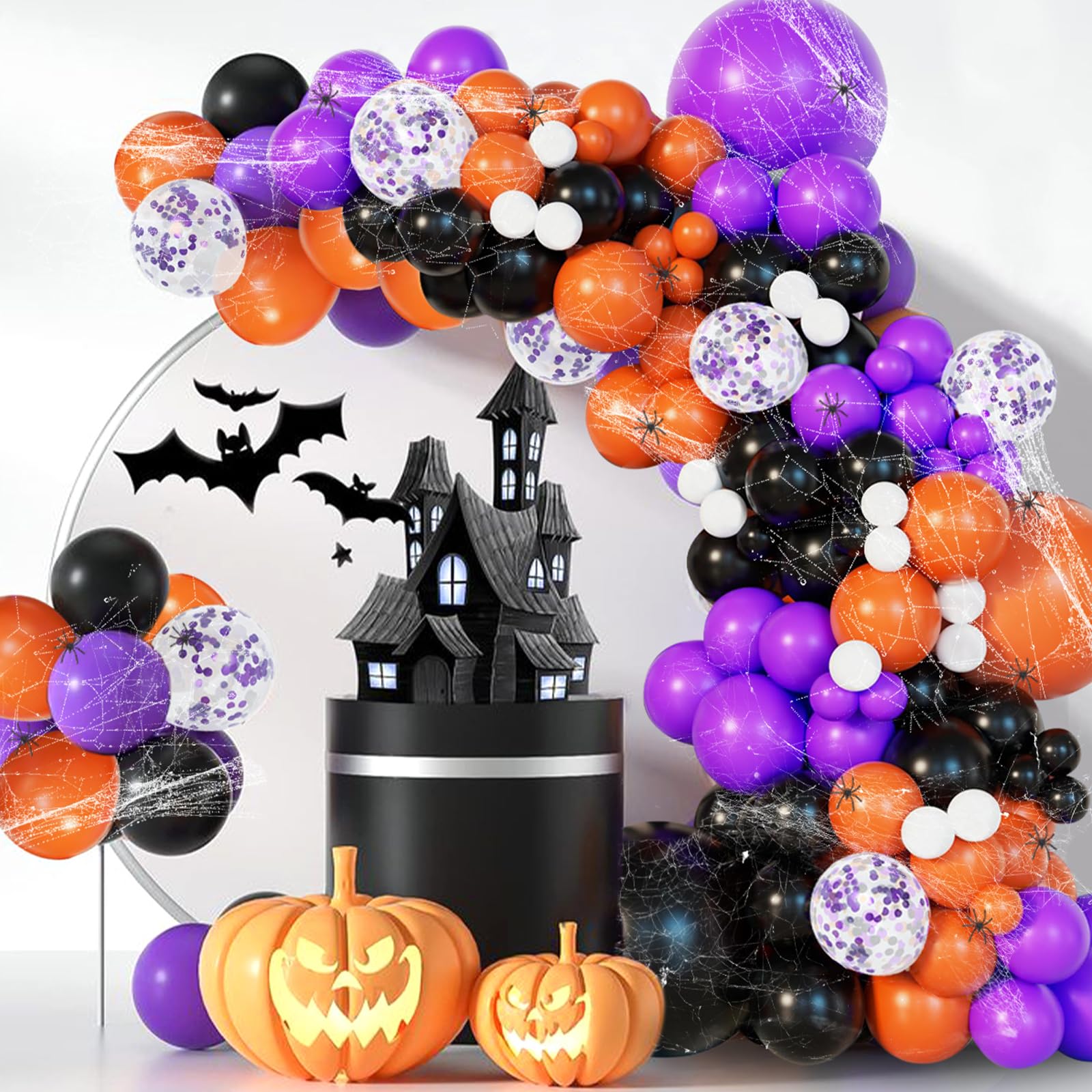 152Pcs Halloween Balloons Arch Garland Kit, Orange Purple and Black Balloon with Halloween Spider Web, Spiders for Halloween Birthday decor Supplies Cute Halloween Party Decorations