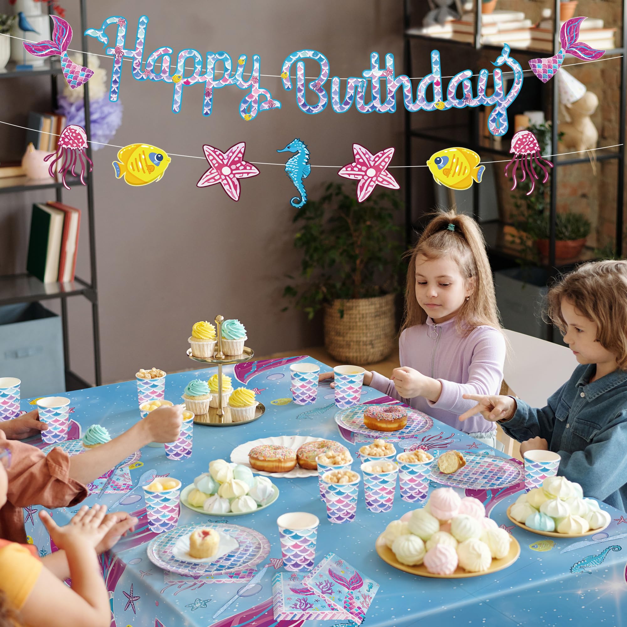 SJJPDYY 170Pcs Mermaid Birthday Party Decorations Set Mermaid Party Supplies Includes Plates, Napkin, Fork, Cup, Tablecloth, Banner for Baby Shower Ocean Birthday Party Decorations, Serves 24