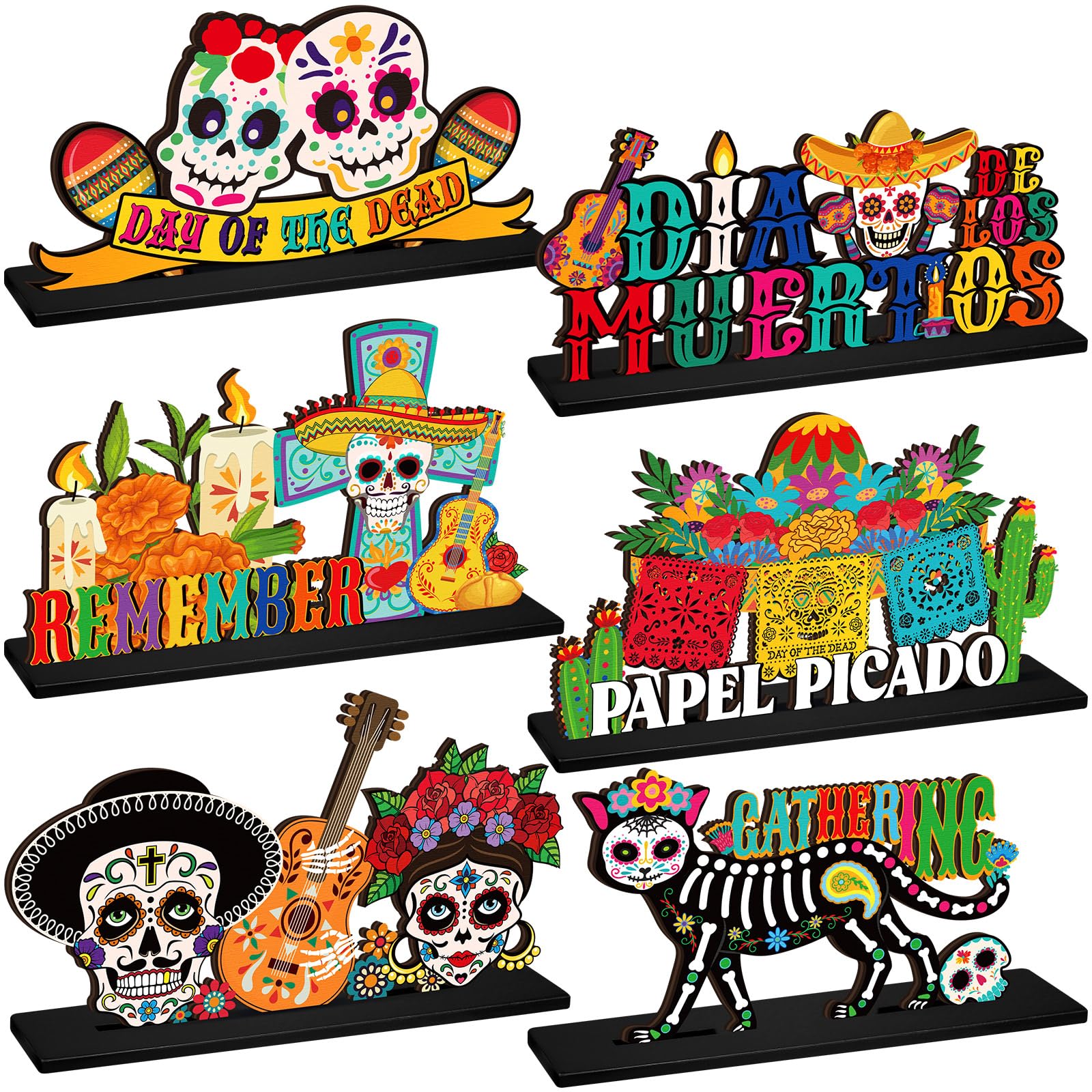 Wonderjune 6 Pcs Day of The Dead Table Decorations Dia De Los Muertos Altar Wooden Centerpiece Sugar Skull Decor Day of The Dead Decor Mexican Tabletop Detachable Sign for Halloween Party Supplies