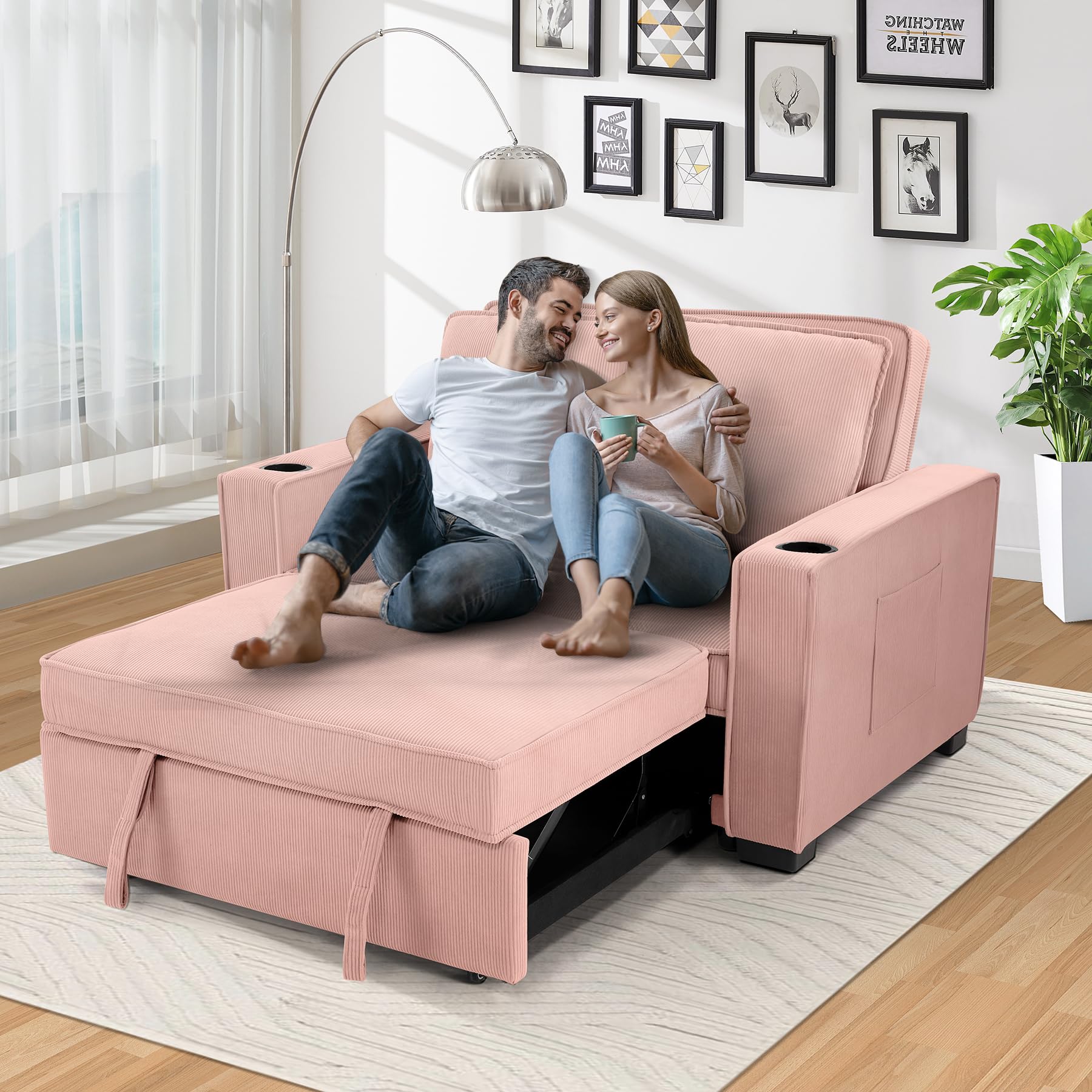 SEJOV 52" Convertible Sofa Bed, 3-in-1 Sleeper Sofa Pull-Out Bed, Multi-Functional Corduroy Futon Couch with Adjustable Backrest and Cup Holders, Loveseat Sofa for Small Space, Living Room, Pink