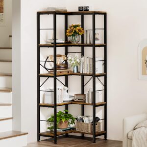 Gujiam 5-Tier Corner Bookshelf, 70.86" Tall Corner Bookcase,5-Shelf Industrial L-Shaped Coner Shelf with Metal Frame for Home Office,Living Room,Bed Room(Rustic Brown)