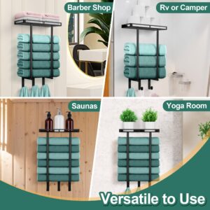 Towel Racks for Bathroom, Homikit Wall Mounted Towel Rack with Metal Shelf and 3 Hooks, 15 Inch Rolled Towel Holder Bath Storage Organizer, Vertical Rack for Small Space Bathroom Wall Decor, Black