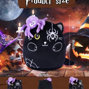 Halloween Plush Cat Stuffed Animals - Black Cats Plush Toys with Purple Spider, Cute Halloween Decor, Kids' Pillow, Gifts for Girls Boys, 8 Inch