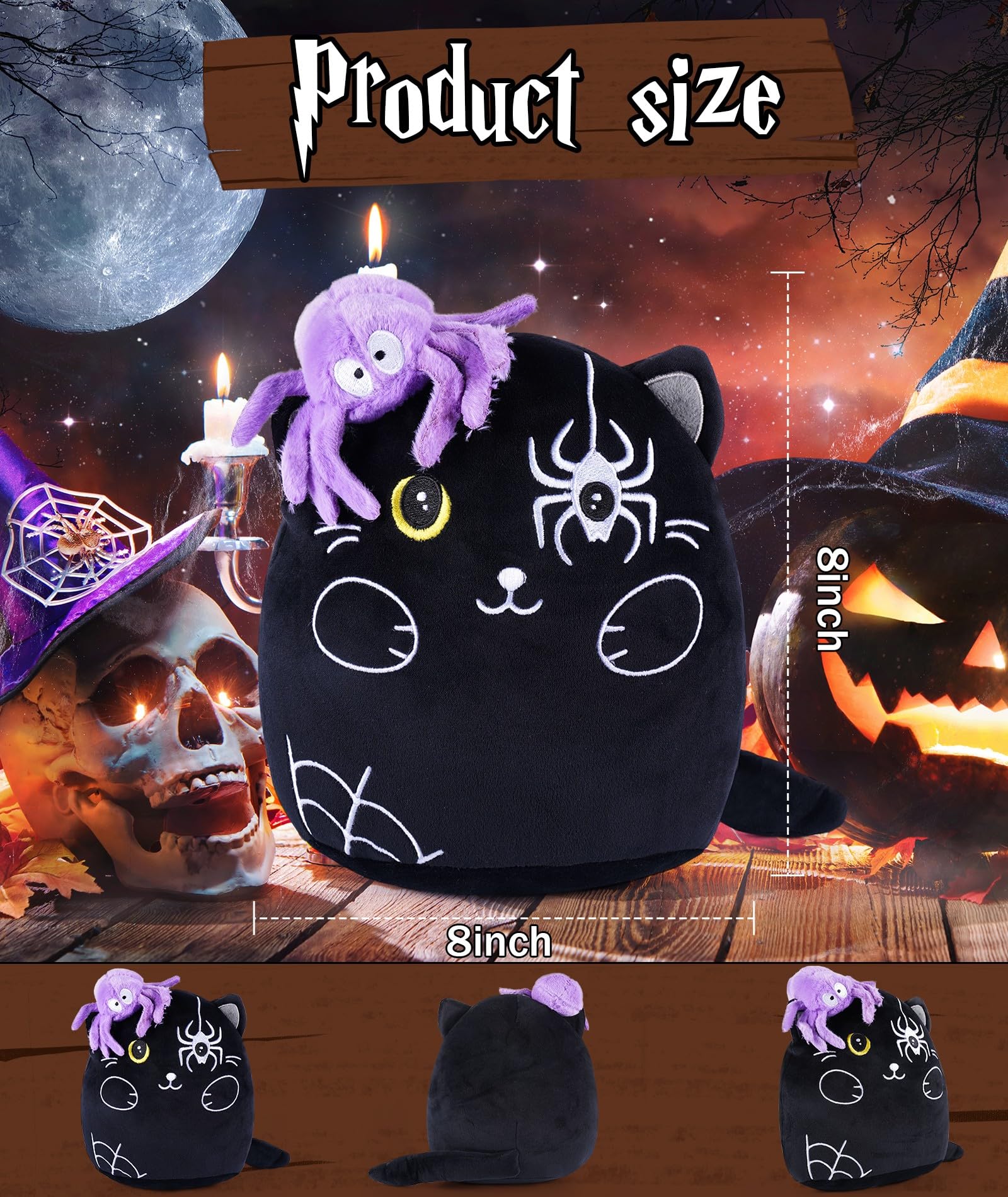 Halloween Plush Cat Stuffed Animals - Black Cats Plush Toys with Purple Spider, Cute Halloween Decor, Kids' Pillow, Gifts for Girls Boys, 8 Inch