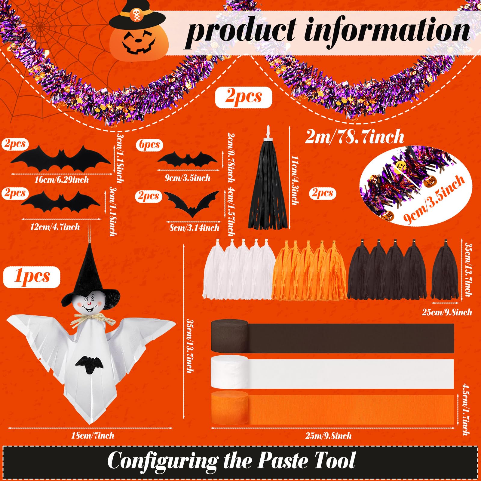 Dispowreath 35 Pcs Halloween Bike Decorations Kit Bike Streamers Tassels Tinsel Garlands White Ghost Pendant Bat Sticker Black Orange and White Crepe Paper for Kids Adult Bicycle Parade Party Favor