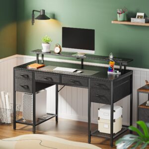 Huuger Computer Desk with Power Outlets and LED Lights, 47 Inch Gaming Desk with 6 Drawers, Office Desk with Monitor Stand, Writing Desk Work Desk, Mesh Shelves, Black