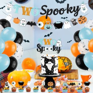 K KUMEED Halloween 2nd Birthday Party Decorations,Blue Two Spooky Themed Banner,Cute Ghost Eyeballs Hat Cake Topper and Latex Balloons for Halloween 2 Year Old Boys Party Favor Supplies