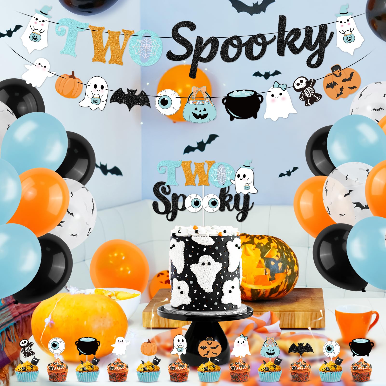 K KUMEED Halloween 2nd Birthday Party Decorations,Blue Two Spooky Themed Banner,Cute Ghost Eyeballs Hat Cake Topper and Latex Balloons for Halloween 2 Year Old Boys Party Favor Supplies