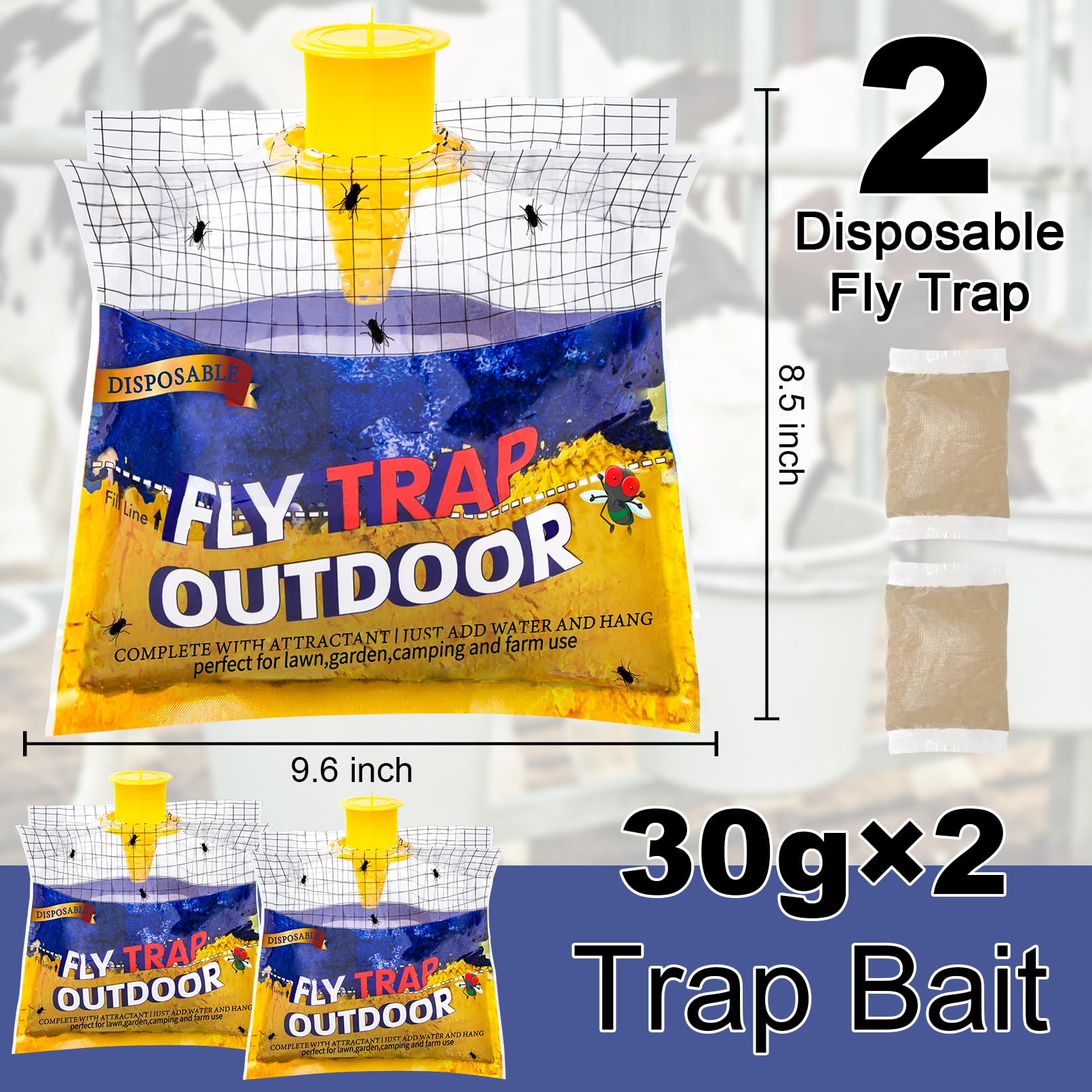 Glovv 2 Pack Disposable Fly Traps Outdoor Hanging, Fly Trap Bags with Natural Attractant Bait, Flying Insect Trap and Bug Catcher Control Flies in Barn Farm or Ranch, Patio