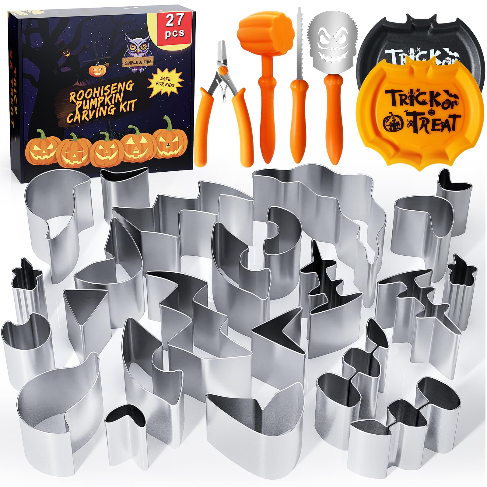 Pumpkin Carving Kit Tools 27 PCS Safe & Easy for Kids, Sturdy Halloween Pumpkin Carving Set with Stainless Steel Carve Stencils & Hammer for DIY Halloween Decoration Jack O Lanterns