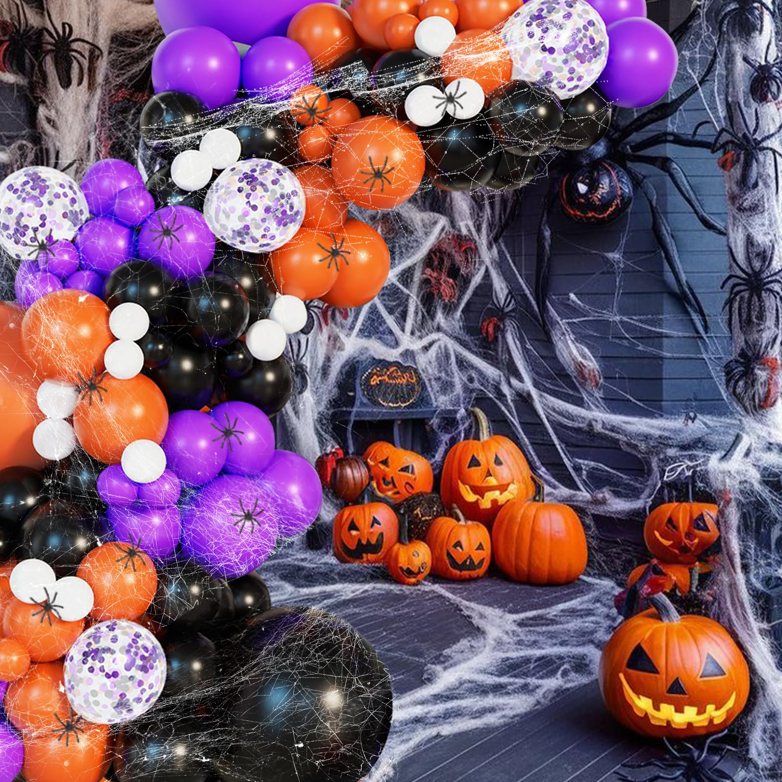 152Pcs Halloween Balloons Arch Garland Kit, Orange Purple and Black Balloon with Halloween Spider Web, Spiders for Halloween Birthday decor Supplies Cute Halloween Party Decorations