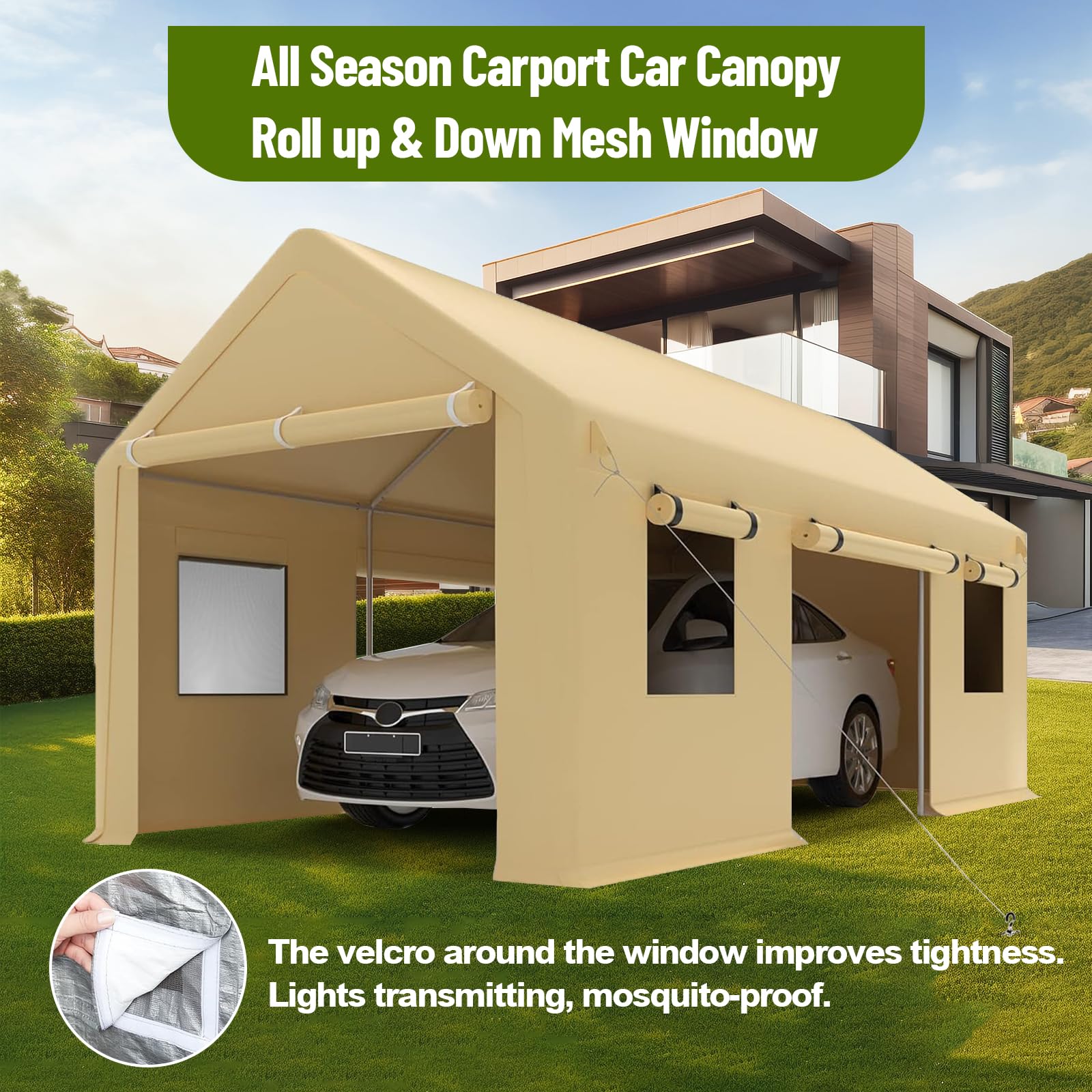 Towallmark Carport 10'x20', Waterproof UV Resistant,Car Canopy with Roll Up & Down Mesh Window, All-Season Tarp for Pickup Truck & Boat