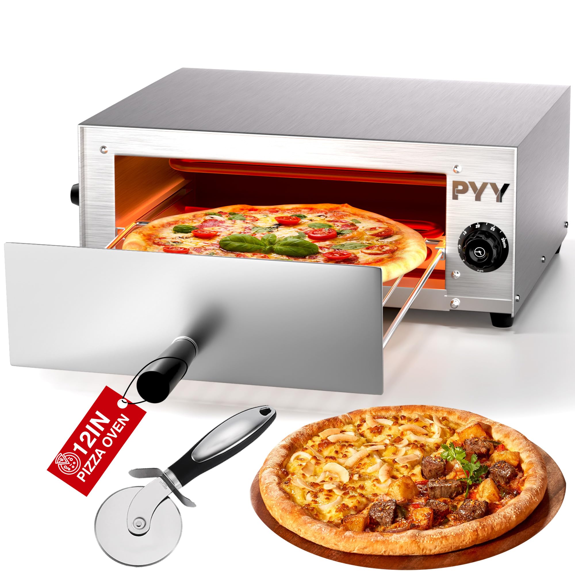 PYY Commercial Pizza Oven Electric up to 12 Inch Table Top Pizza Oven Indoor Stainless Steel Professional Pizza Cooker Baker Countertop with Timer & Crumb Tray for Commercial Kitchen Restaurant 1100W