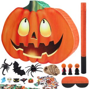 halloween pumpkin piñata - 74pc set: complete party game with toys, goodie bags, bat & blindfold - perfect for kids' birthdays, classroom prizes & festive decorations