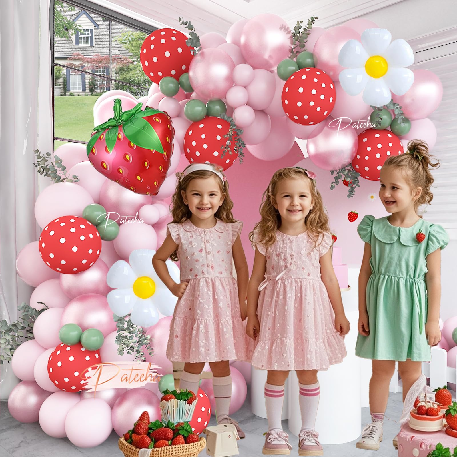 Pateeha Strawberry Balloon Arch Kit 12ft, Berry First Birthday Decor, Foil Daisy Balloons Strawberry Balloons Garland Kit for Strawberry Baby Shower Decorations