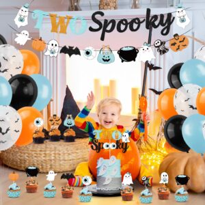 K KUMEED Halloween 2nd Birthday Party Decorations,Blue Two Spooky Themed Banner,Cute Ghost Eyeballs Hat Cake Topper and Latex Balloons for Halloween 2 Year Old Boys Party Favor Supplies