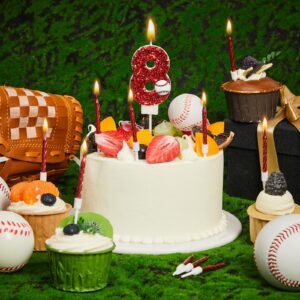 MTLEE Baseball Birthday Number 8 Candle with 10 Long Thin Cupcake Candle Red Baseball Cake Topper Sequins Sports Theme Baseball Birthday Decorations Party Cake Candles for Anniversary Celebrations