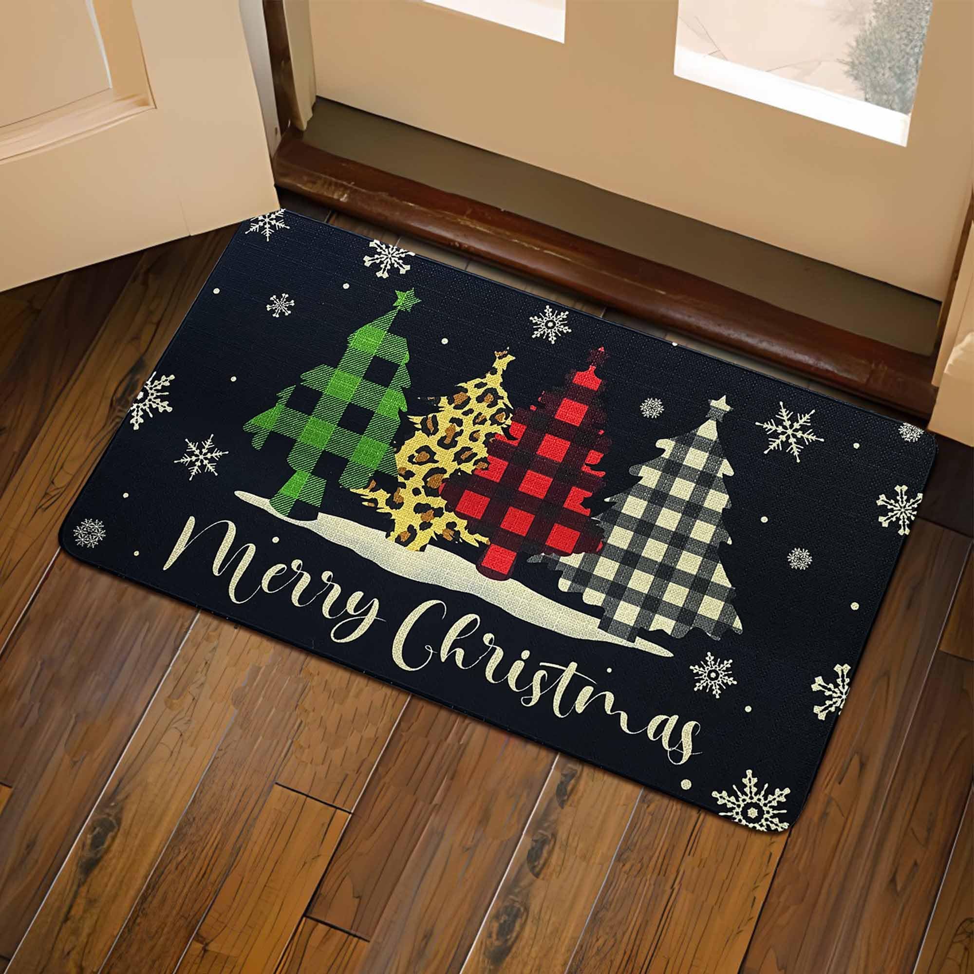 OUXIOAZ Buffalo Plaid Christmas Tree Black Merry Christmas Doormat 17"x30",Seasonal Xmas Door Mat Non-Slip Washable Low-Profile Winter Holiday Doormat for Indoor Outdoor