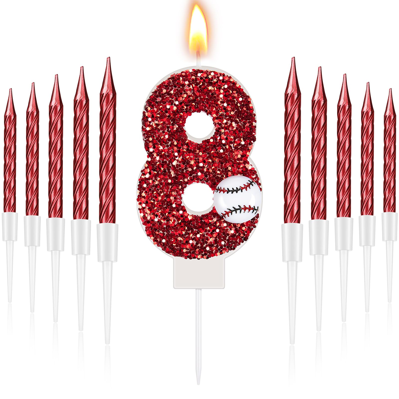 MTLEE Baseball Birthday Number 8 Candle with 10 Long Thin Cupcake Candle Red Baseball Cake Topper Sequins Sports Theme Baseball Birthday Decorations Party Cake Candles for Anniversary Celebrations