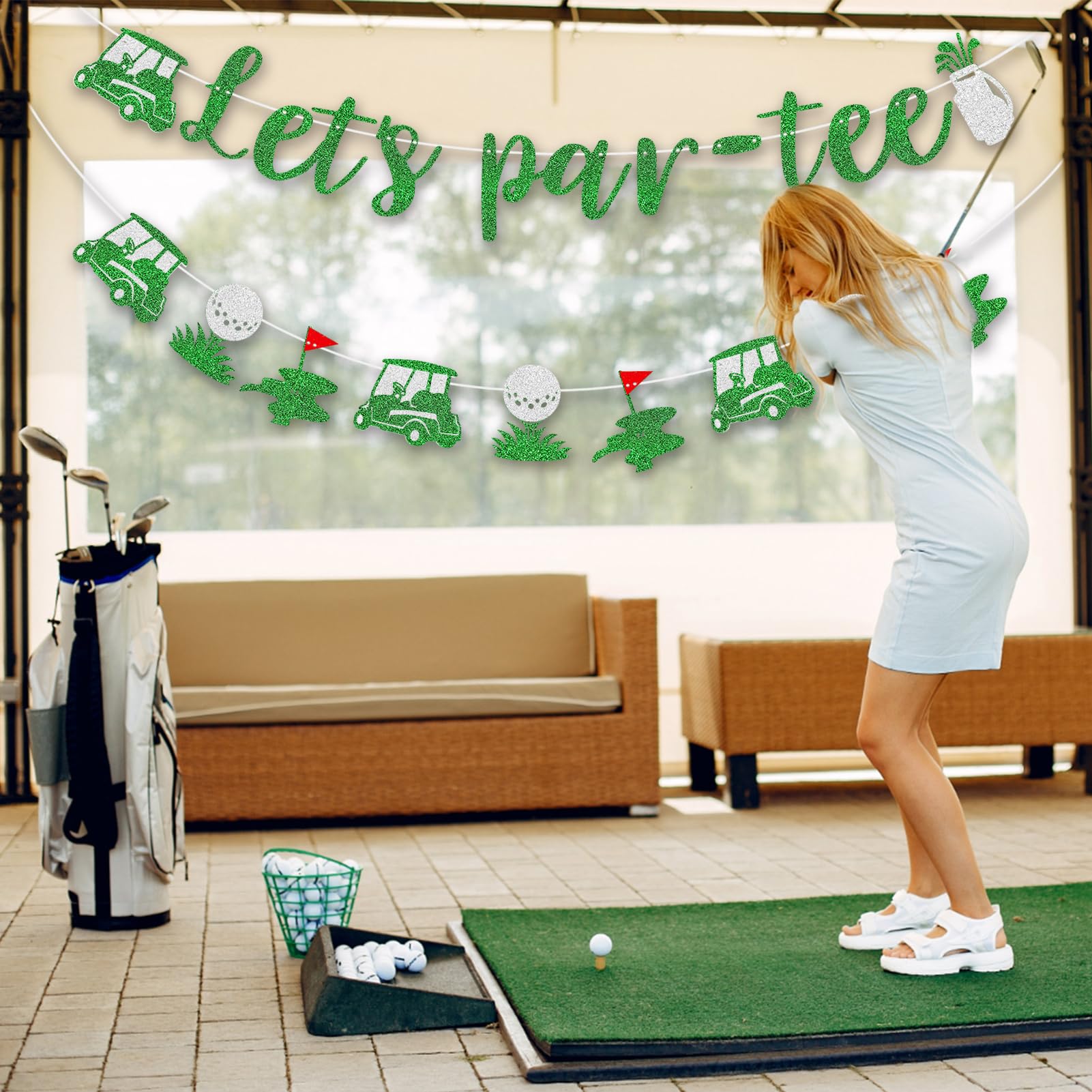 Generic Let's Par Tee Banner, Tee Banner Golf Themed Birthday Party Decoration, Golf Themed Retirement Party Decorations，Green Glitter