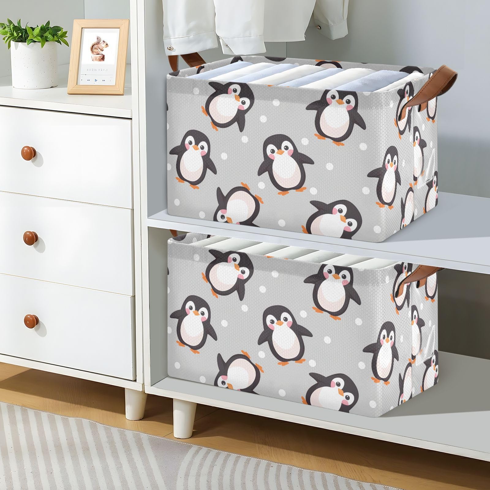 SPRIPORT Cute Penguins Light Grey Foldable Storage Cube for Shelves Fabric Storage Bin with Metal Frame & Double Handles Large Storage Box for Organizing Toys Books Clothes Blankets