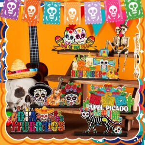 Wonderjune 6 Pcs Day of The Dead Table Decorations Dia De Los Muertos Altar Wooden Centerpiece Sugar Skull Decor Day of The Dead Decor Mexican Tabletop Detachable Sign for Halloween Party Supplies