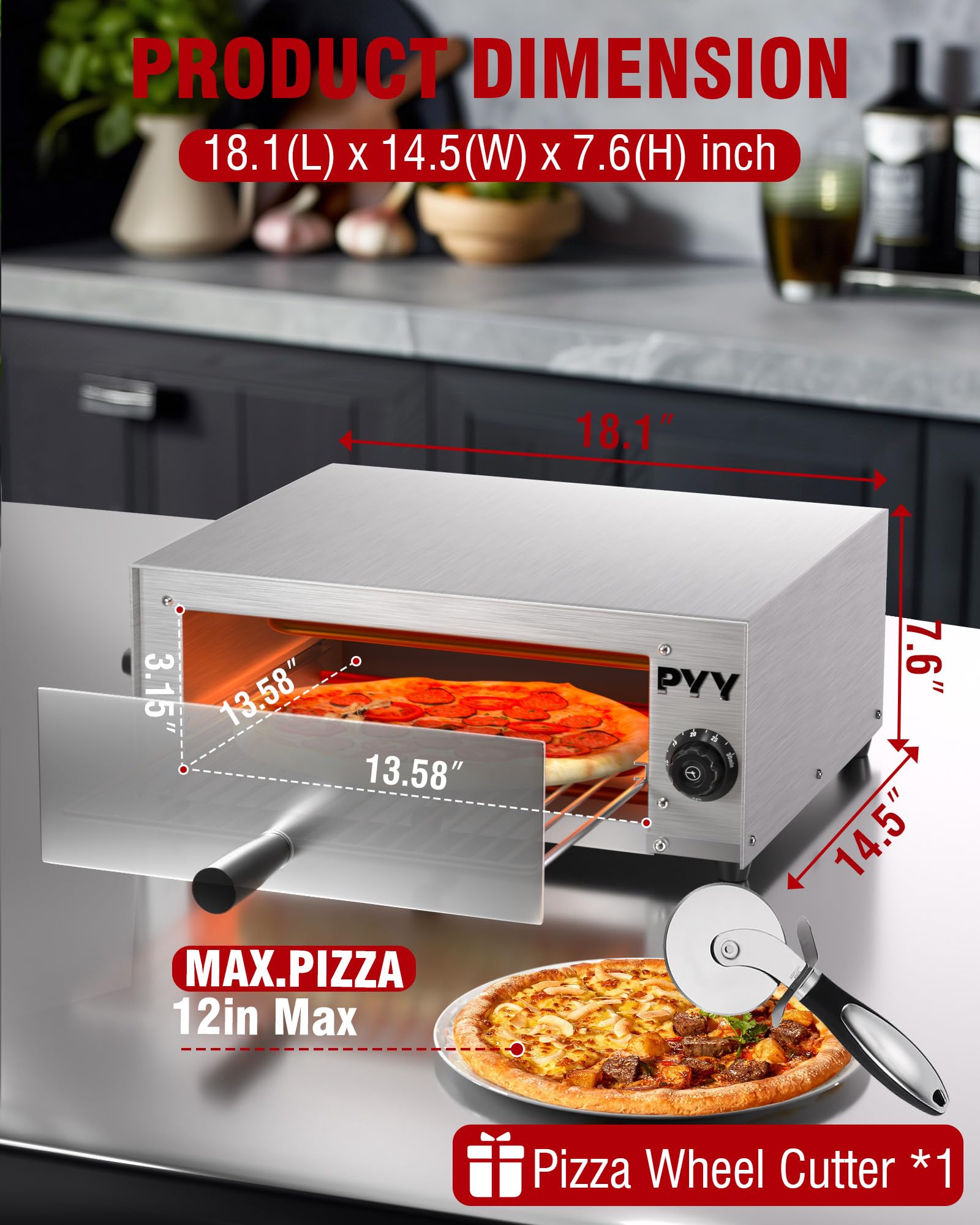 PYY Commercial Pizza Oven Electric up to 12 Inch Table Top Pizza Oven Indoor Stainless Steel Professional Pizza Cooker Baker Countertop with Timer & Crumb Tray for Commercial Kitchen Restaurant 1100W