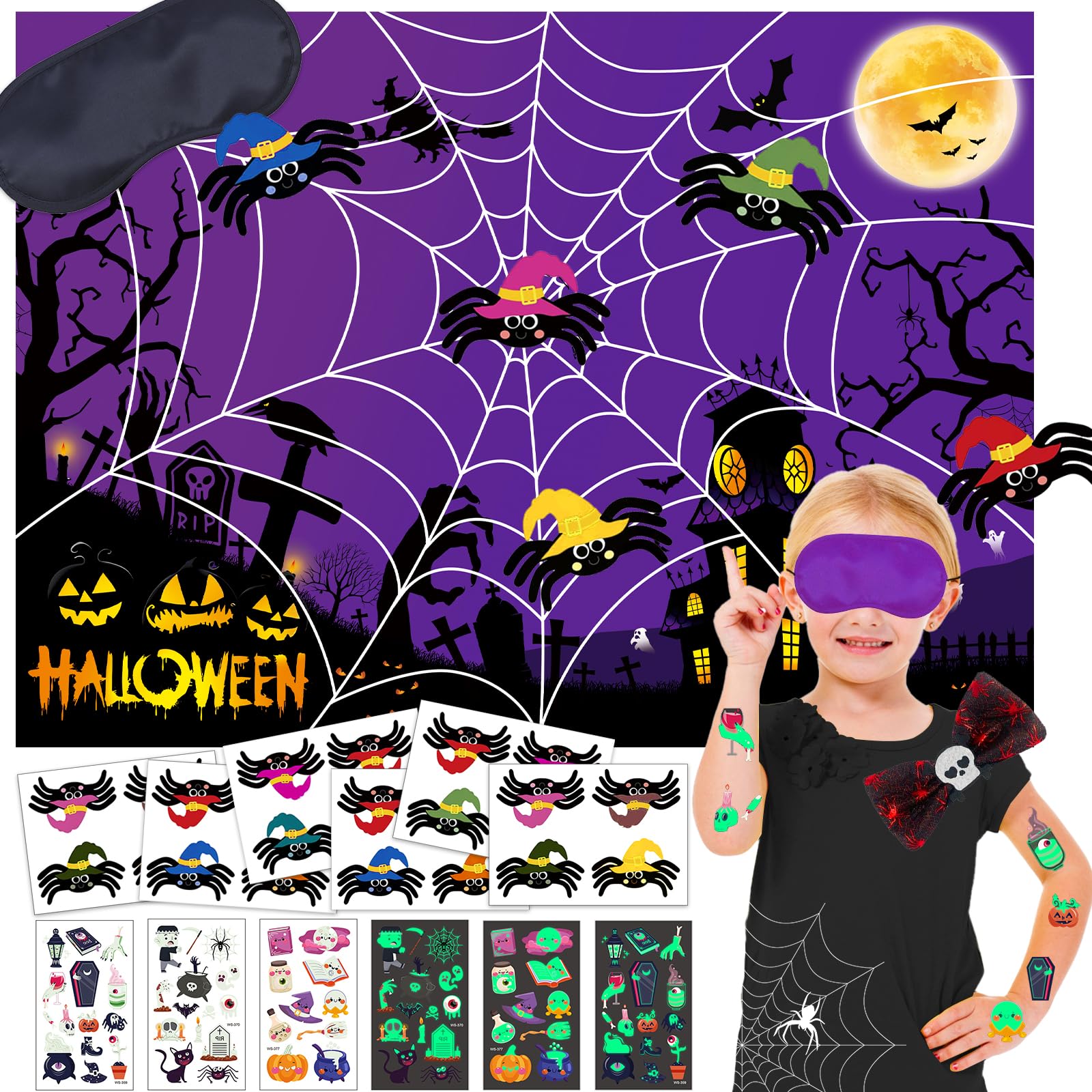 Bolake Halloween Party Games Halloween Pin The Tail Games for Kids Halloween Pin The Spider On The Web Game Include Night Glow Tattoo Stickers Poster Eye Masks Stickers Halloween Party Favors