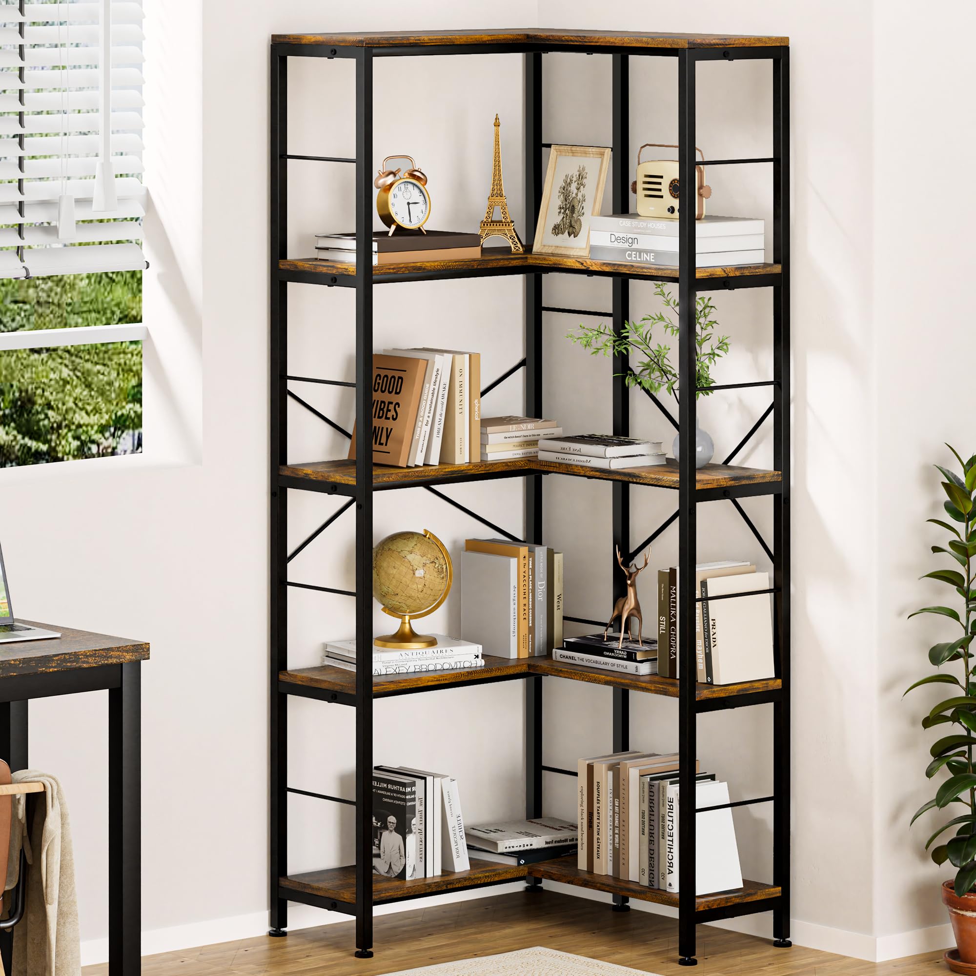 Gujiam 5-Tier Corner Bookshelf, 70.86" Tall Corner Bookcase,5-Shelf Industrial L-Shaped Coner Shelf with Metal Frame for Home Office,Living Room,Bed Room(Rustic Brown)