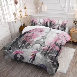 EDGZKO Paris Bedroom Comforter Set: Queen Size Eiffel Tower Bedding Sets Pink and Grey French Style Romantic Bed Set for Teen Girls Women Soft Quilt Sets 1 Comforter & 2 Pillowcases